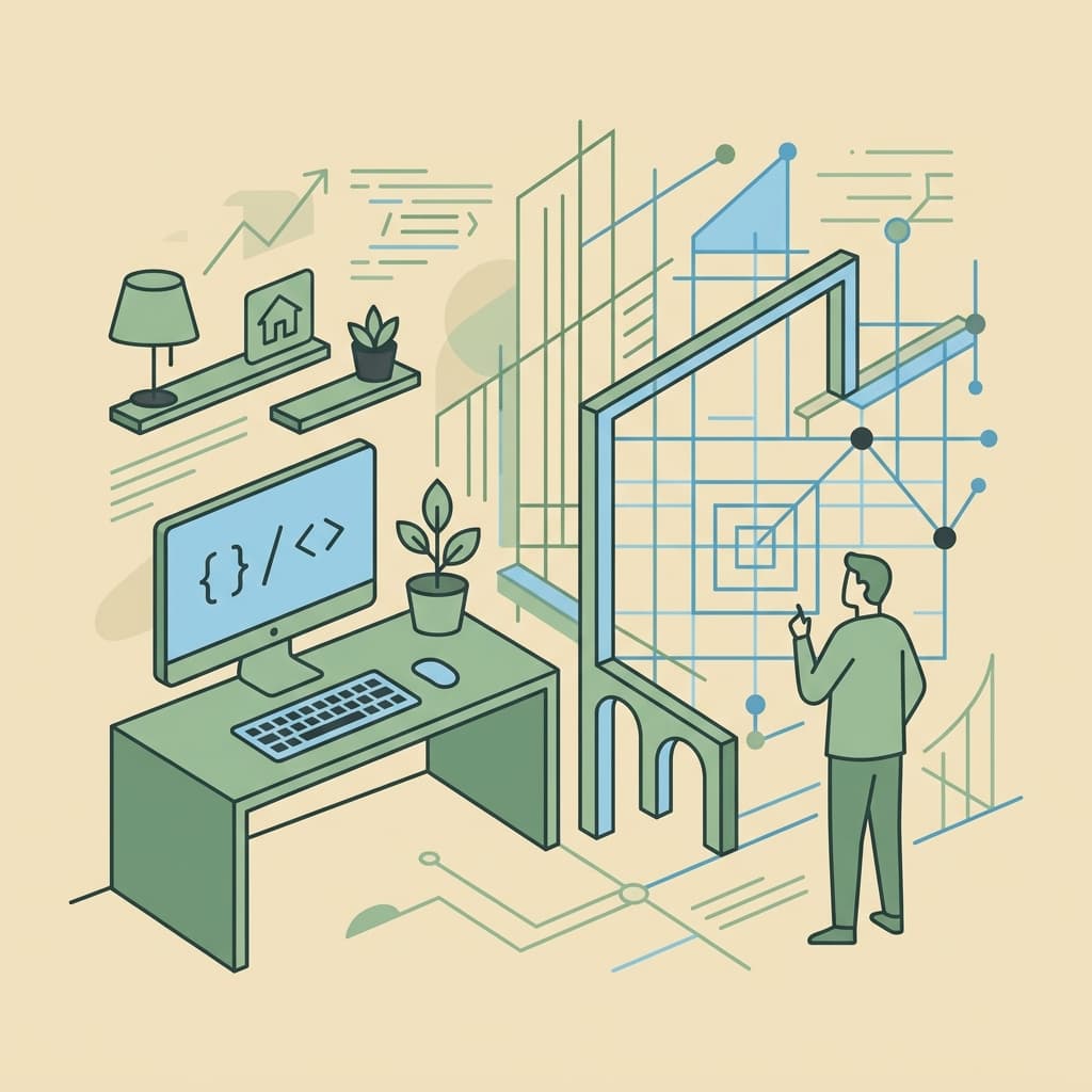 Workspace desk with codes and architect structural designs illustration